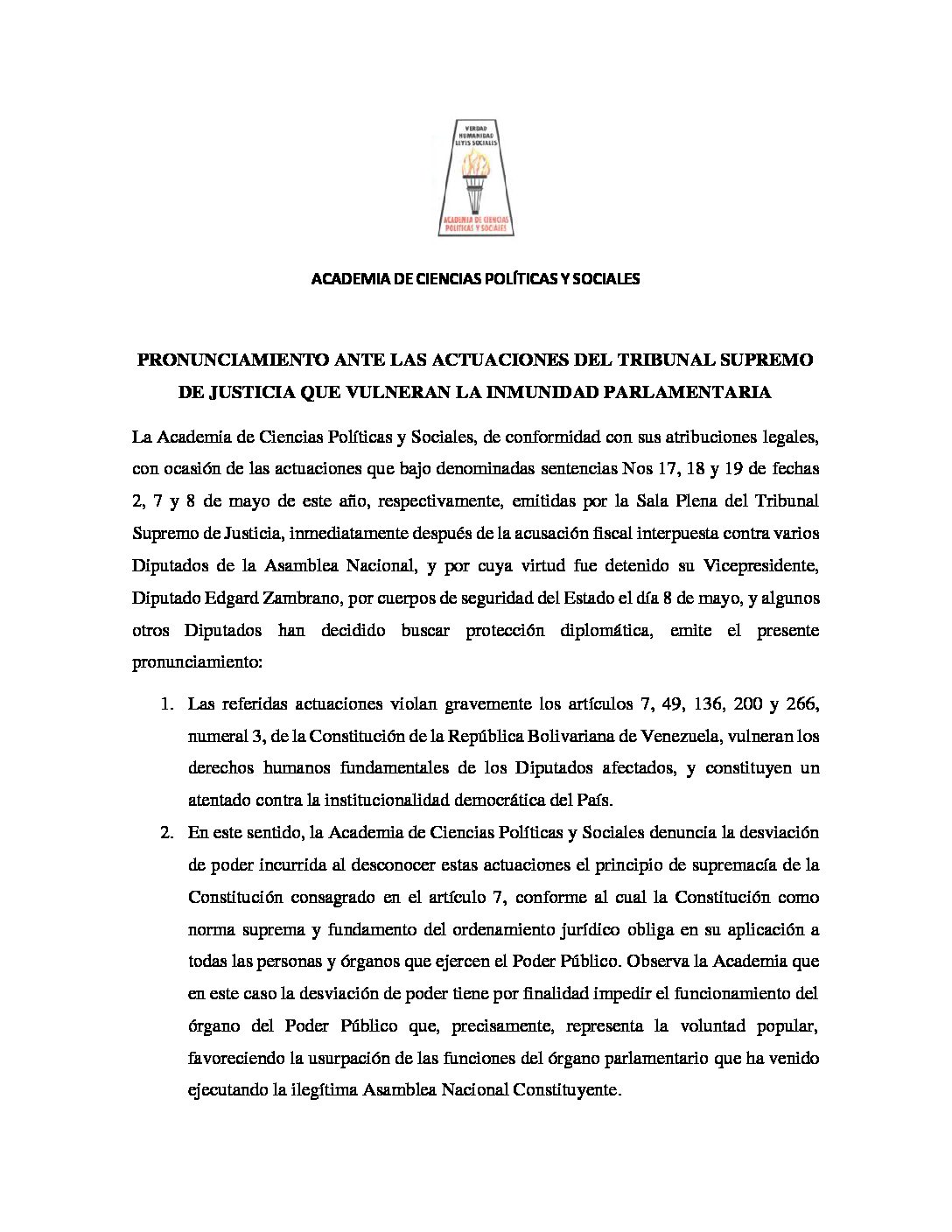 Pronunciamiento ante las actuaciones del Tribunal Supremo de Justicia que vulneran la inmunidad parlamentaria