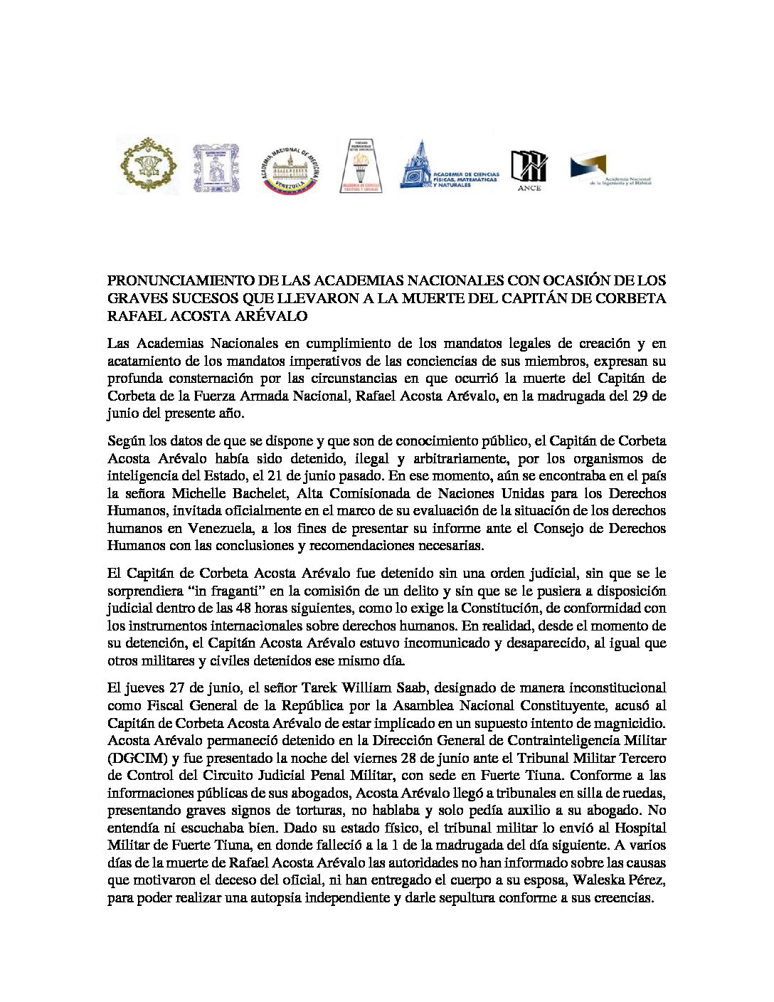 Pronunciamiento de las Academias Nacionales con ocasión de los graves sucesos que llevaron a la muerte del Capitán de Corbeta Rafael Acosta Arévalo