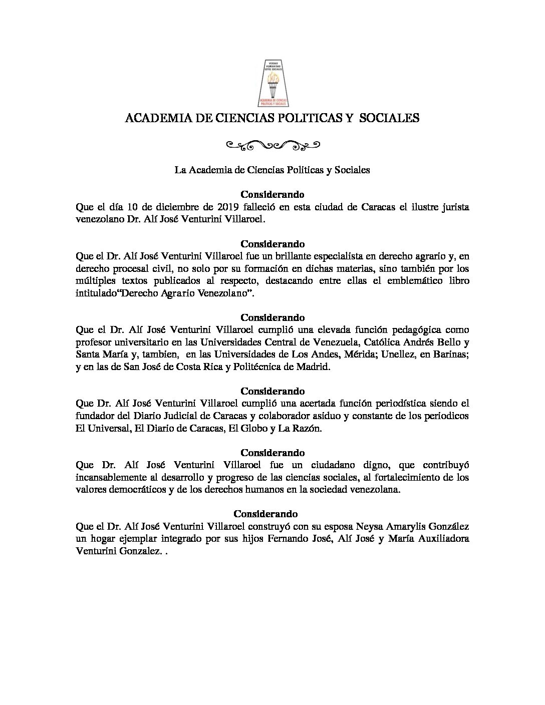 Acuerdo de duelo Dr. Alí José Venturini Villarroel