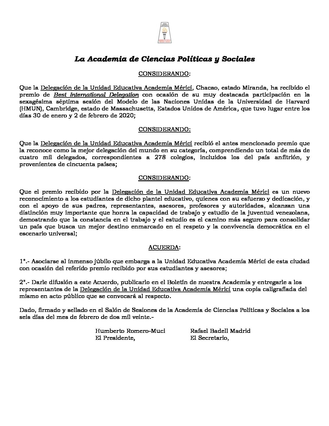 Acuerdo de júbilo a la Delegación de la Unidad Educativa Academia Mérici