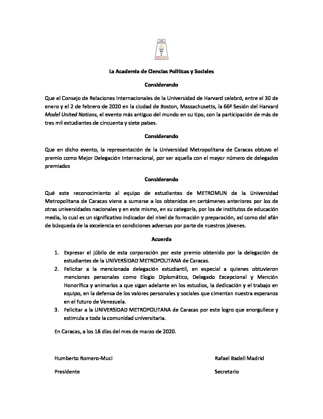 Acuerdo de júbilo a la Delegación METROMUN de la Universidad Metropolitana