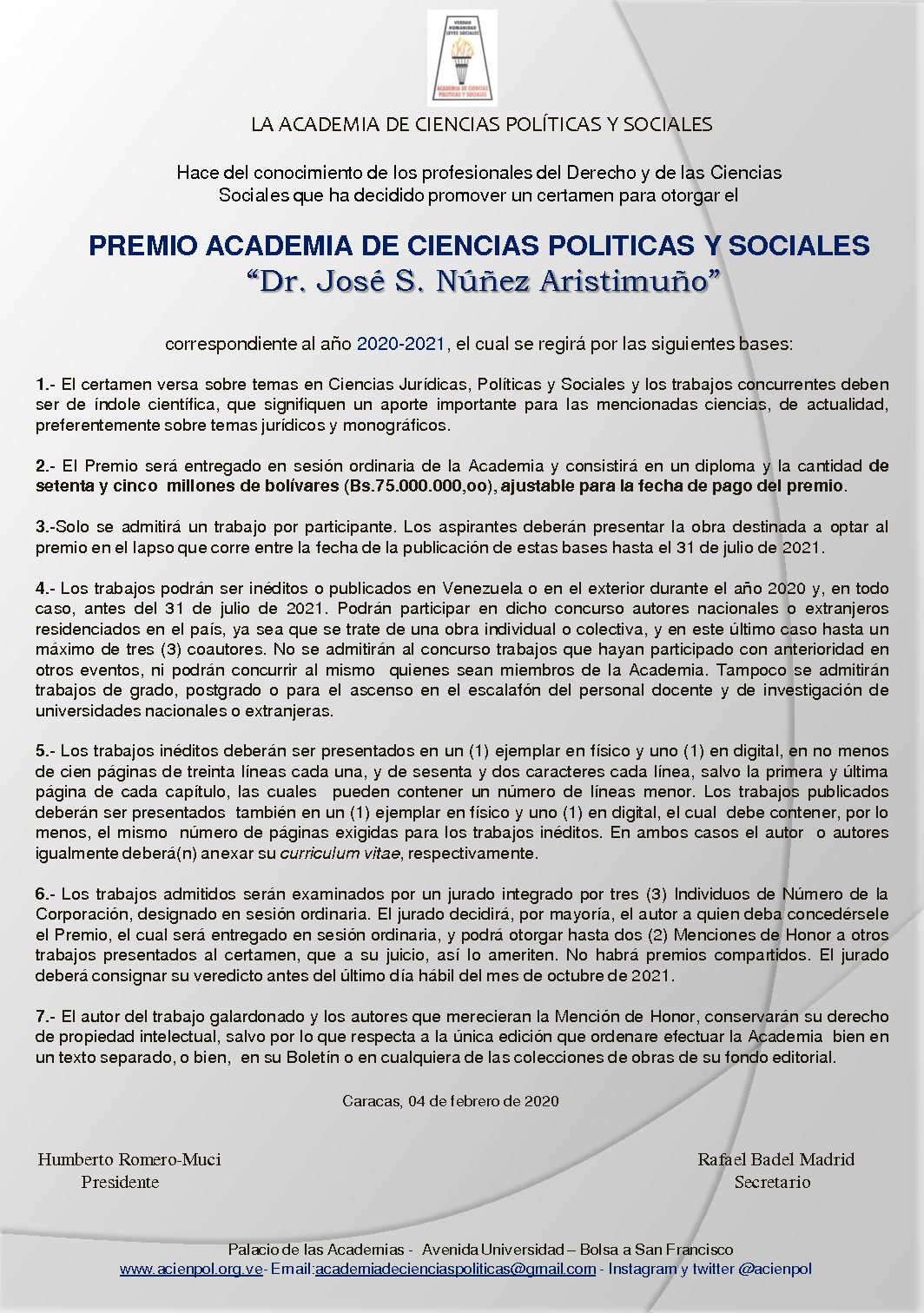 Bases Premio Academia de Ciencias Políticas y Sociales » Dr. José S. Núñez Aristimuño» para profesionales del Derecho y Ciencias Sociales 2020-2021