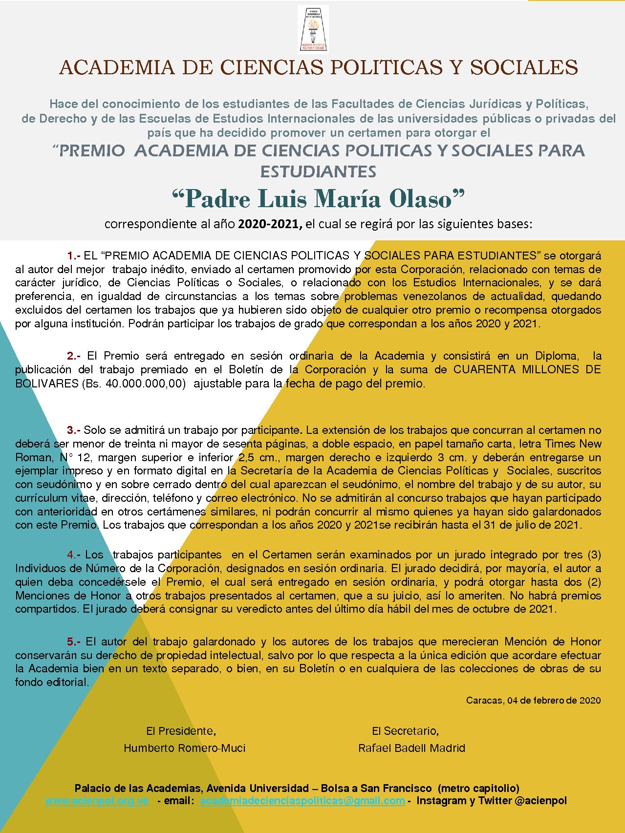 Bases Premio Academia de Ciencias Políticas y Sociales para estudiantes “Padre Luis María Olaso” 2020-2021