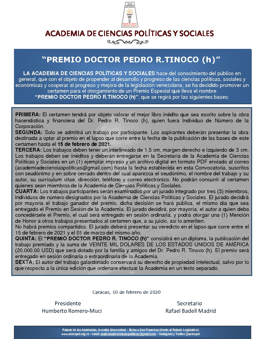 Premio Especial «PREMIO DOCTOR PEDRO R. TINOCO, h».
