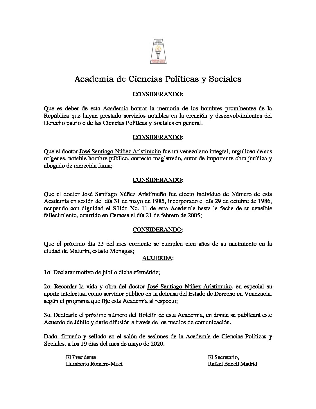 Acuerdo de Júbilo por los cien años del nacimiento del Dr. José Santiago Núñez Aristimuño