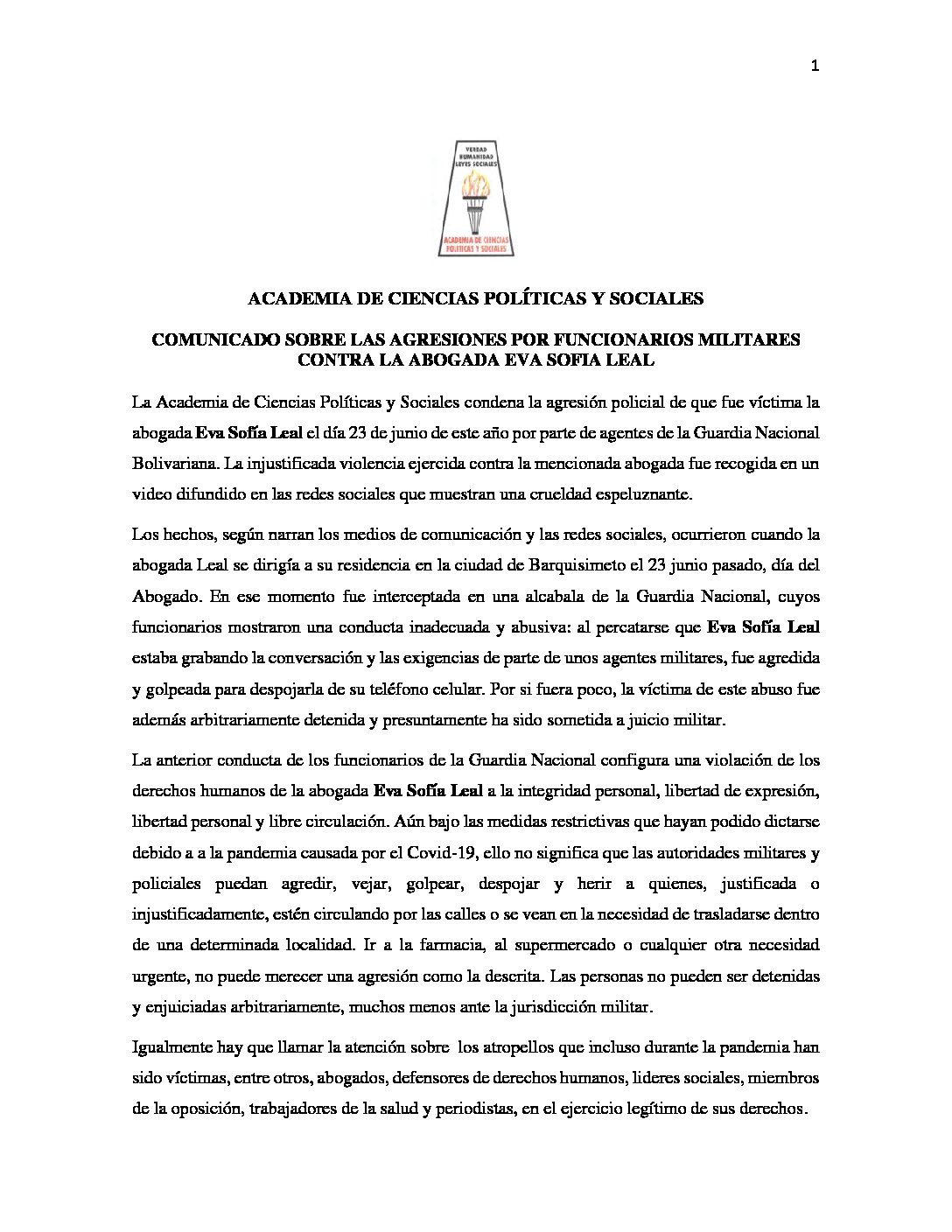 Comunicado sobre las agresiones por funcionarios militares contra la abogada Eva Sofía Leal