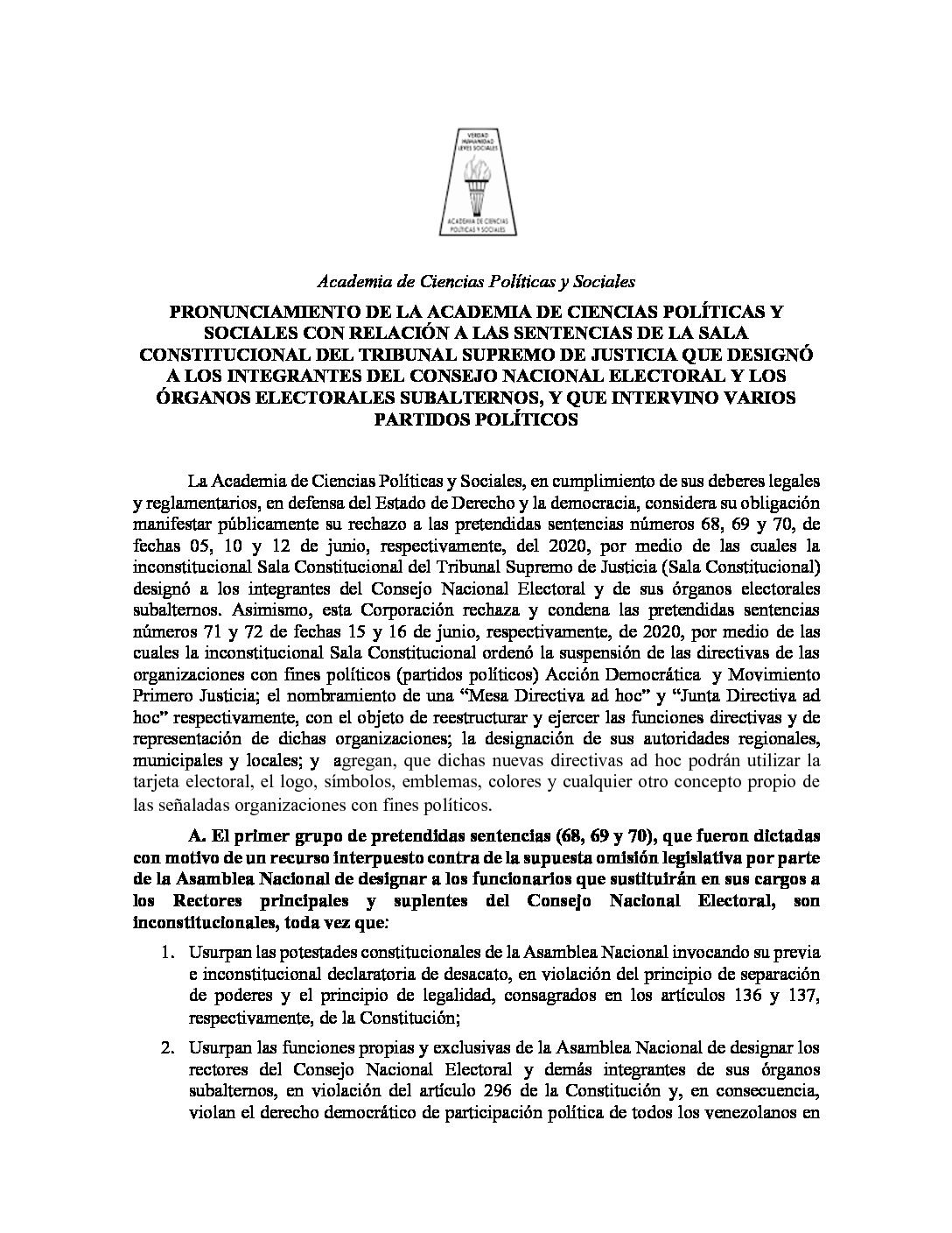 Pronunciamiento de la Academia de Ciencias Políticas y Sociales con relación a las sentencias de la Sala Constitucional del Tribunal Supremo de Justicia