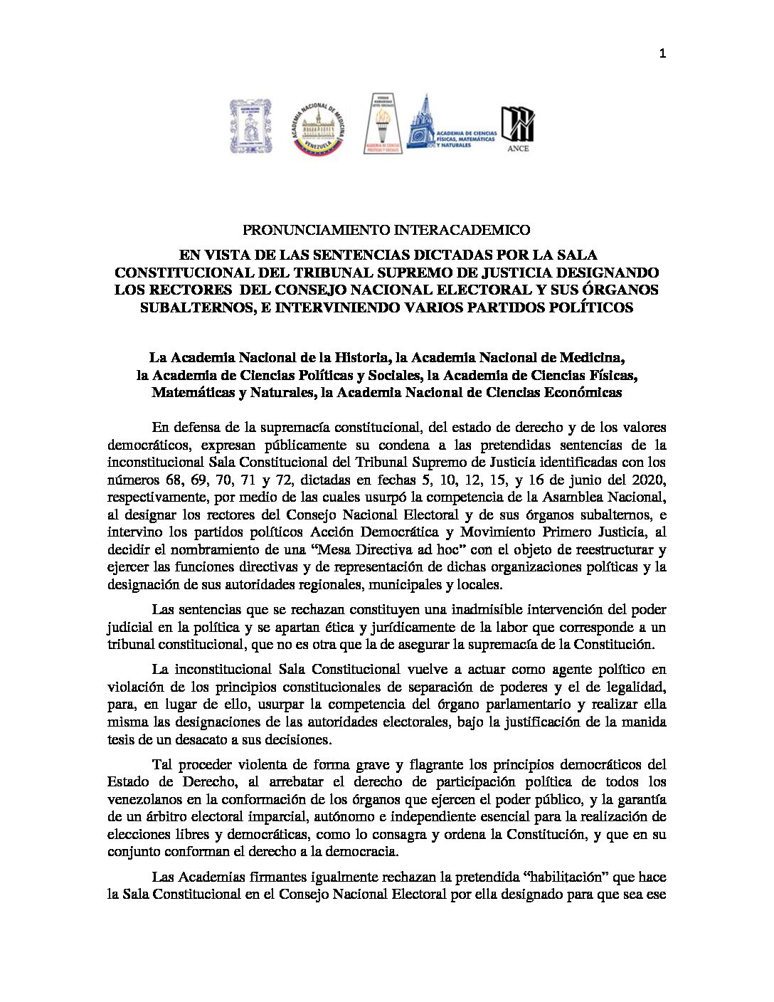 Pronunciamiento Interacadémico en vista de las sentencias dictadas por la Sala Constitucional del Tribunal Supremo de Justicia