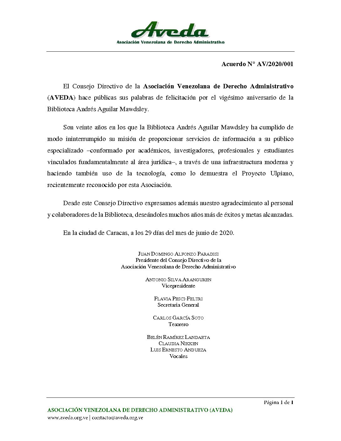 La Asociación Venezolana de Derecho Administrativo (AVEDA) emitió Acuerdo de felicitación con ocasión del vigésimo aniversario de la Biblioteca «Andrés Aguilar Mawdsley»