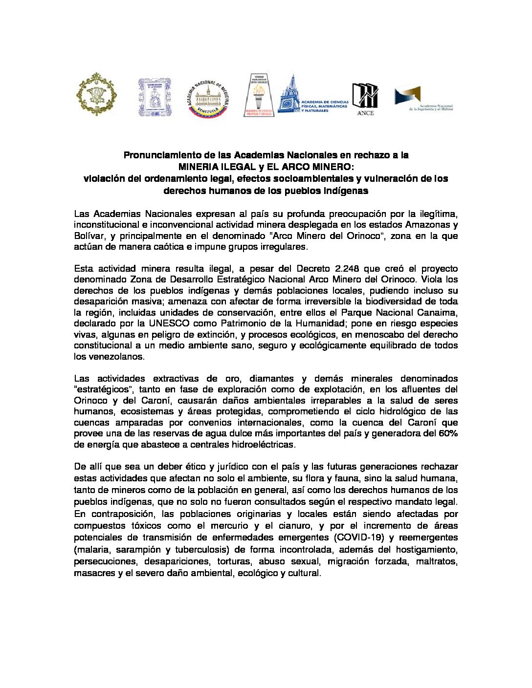 Pronunciamiento de las Academias Nacionales en rechazo a la MINERÍA ILEGAL y EL ARCO MINERO