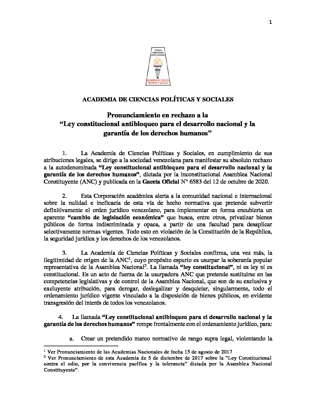 Pronunciamiento de la Academia de Ciencias Políticas y Sociales en rechazo a la “Ley constitucional antibloqueo para el desarrollo nacional y la garantía de los derechos humanos”