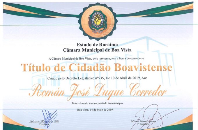 El académico Dr. Román J. Duque Corredor recibe el título de Cidadào Boavistense
