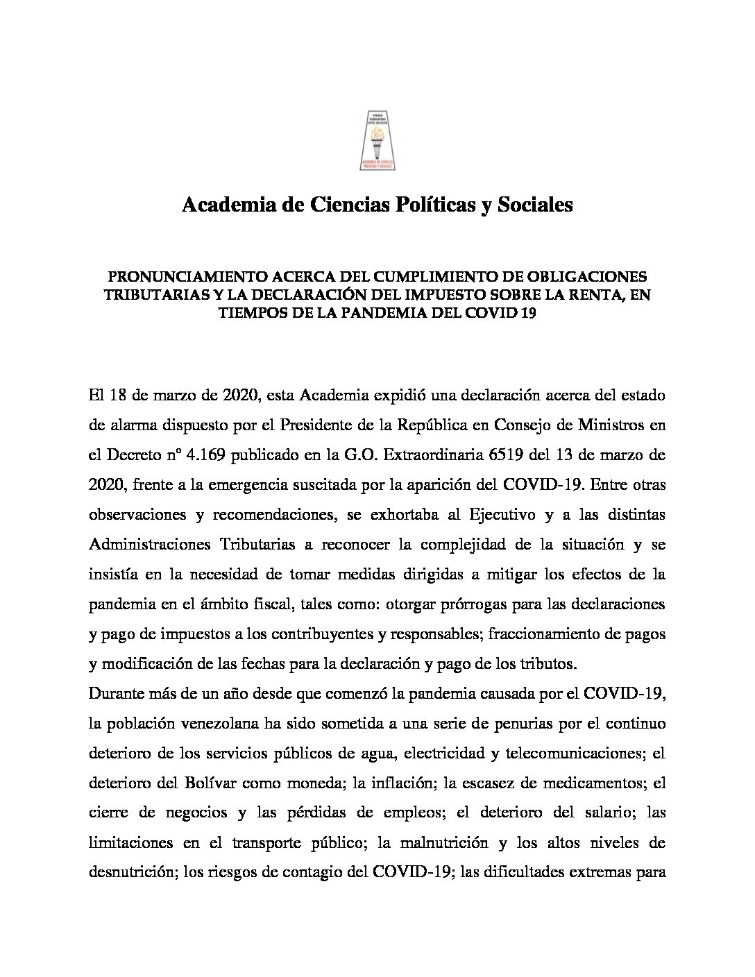 Pronunciamiento de la Academia de Ciencias Políticas y Sociales acerca del cumplimiento de obligaciones tributarias y la declaración del impuesto sobre la renta en tiempos de la pandemia del COVID-19