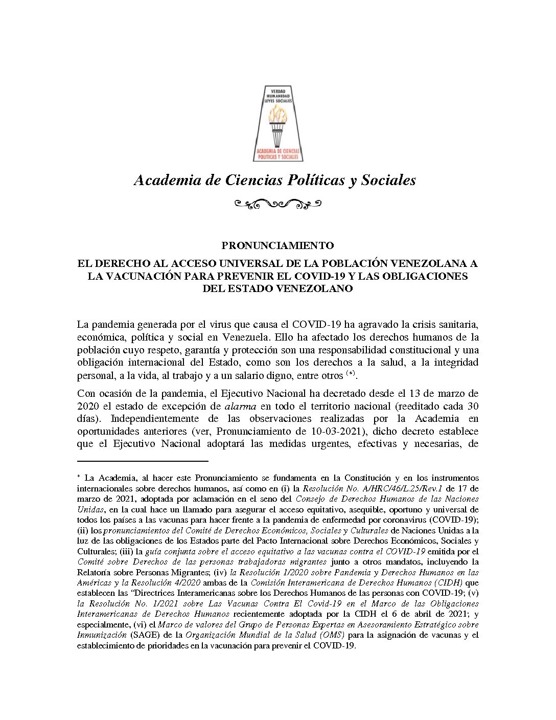 Pronunciamiento de la Academia de Ciencias Políticas y Sociales ante el derecho al acceso universal de la población venezolana a la vacunación para prevenir el Covid-19 y las obligaciones del Estado venezolano