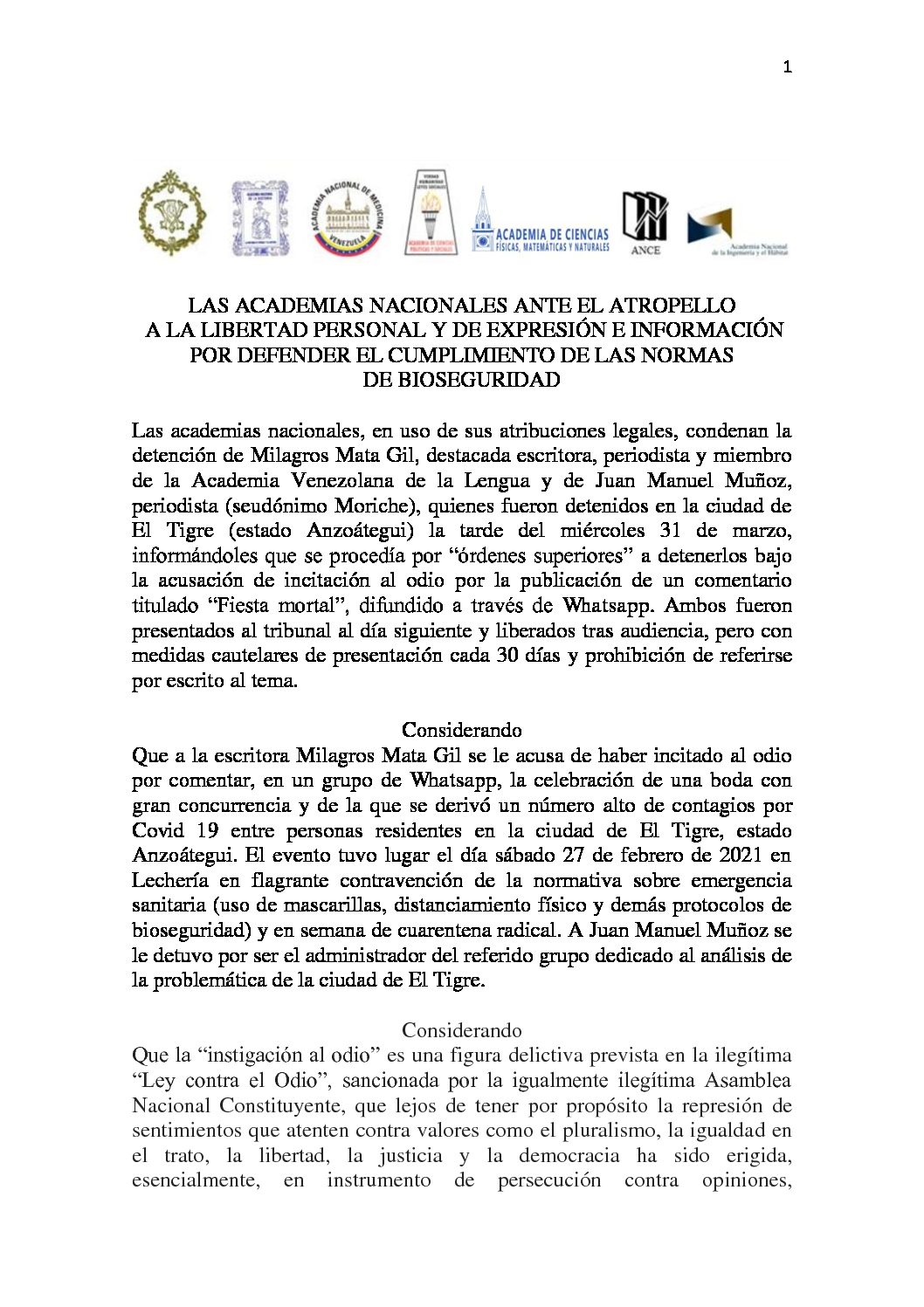 Las Academias Nacionales ante el atropello a la libertad personal y de expresión e información por defender el cumplimiento de las normas de bioseguridad