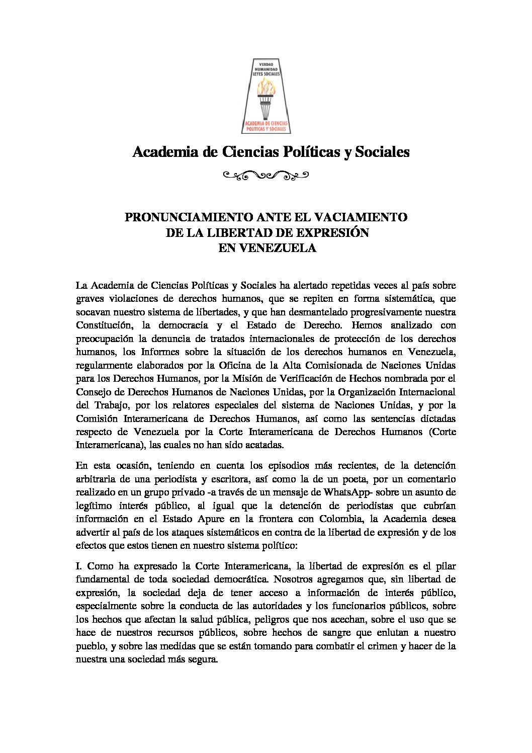 Pronunciamiento de la Academia de Ciencias Políticas y Sociales ante el vaciamiento de la libertad de expresión en Venezuela