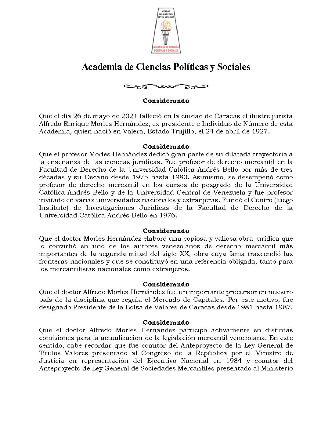 Acuerdo de duelo con ocasión del lamentable fallecimiento del Dr. Alfredo Morles Hernández