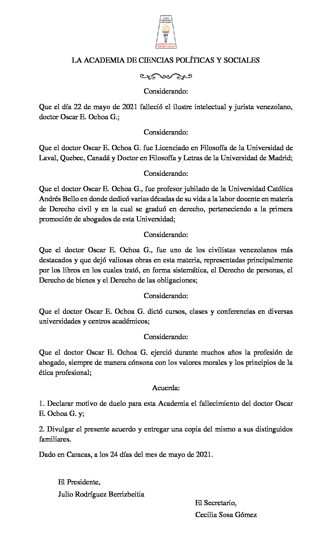 Acuerdo de duelo con ocasión del lamentable fallecimiento del Dr. Oscar E. Ochoa G.