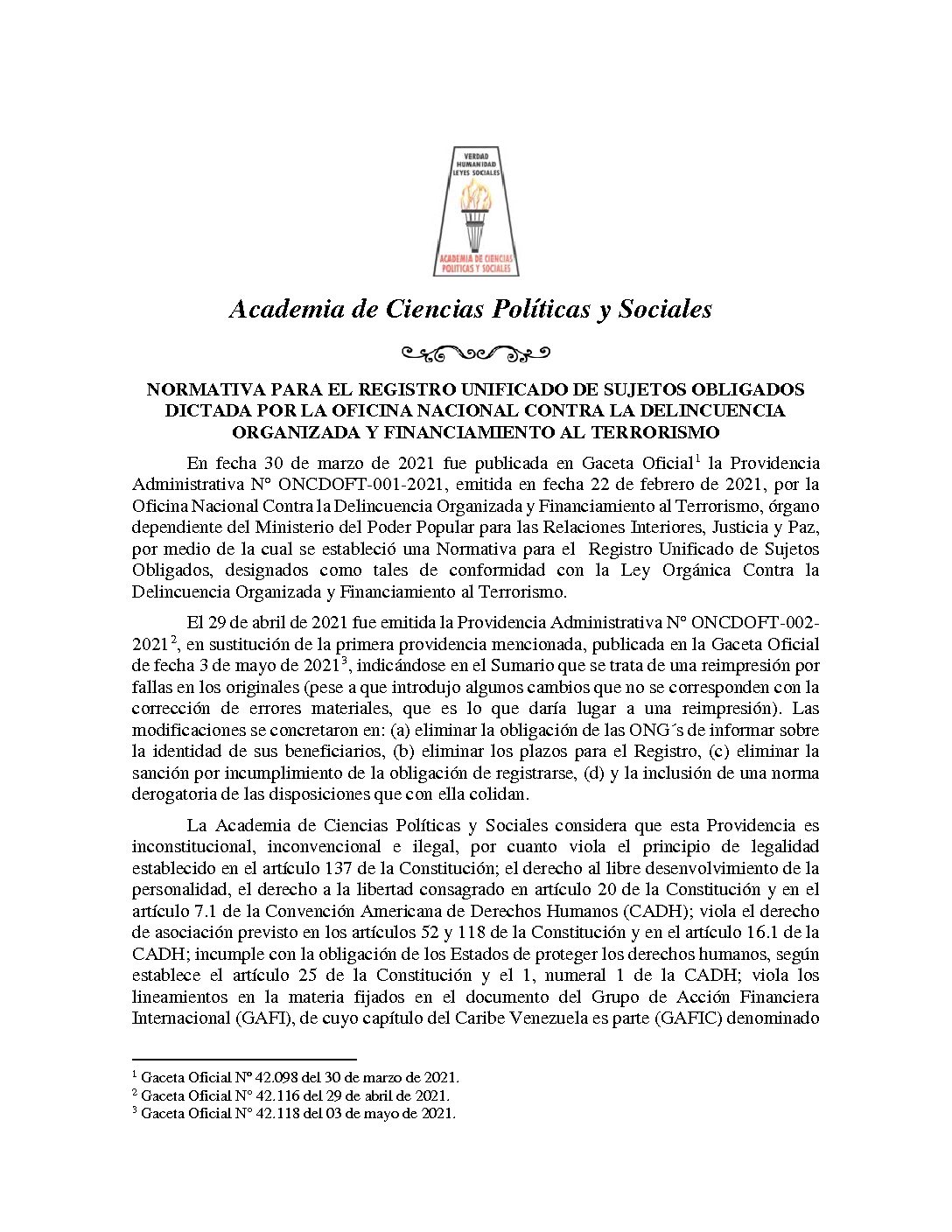 Opinión de la Academia de Ciencias Políticas y Sociales sobre la Normativa para el Registro Unificado de Sujetos Obligados dictada por la Oficina Nacional Contra la Delincuencia Organizada y Financiamiento al Terrorismo