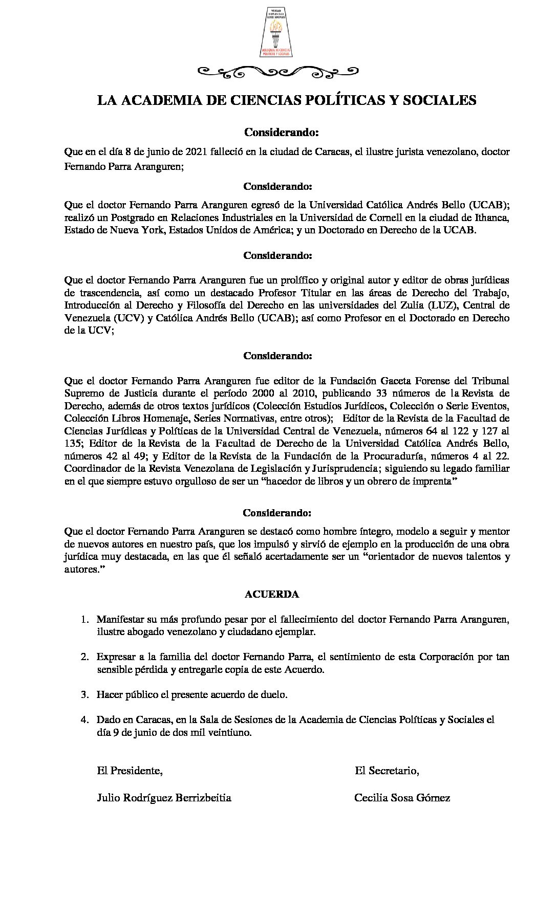 Acuerdo de duelo con ocasión del lamentable fallecimiento del Dr. Fernando Parra Aranguren