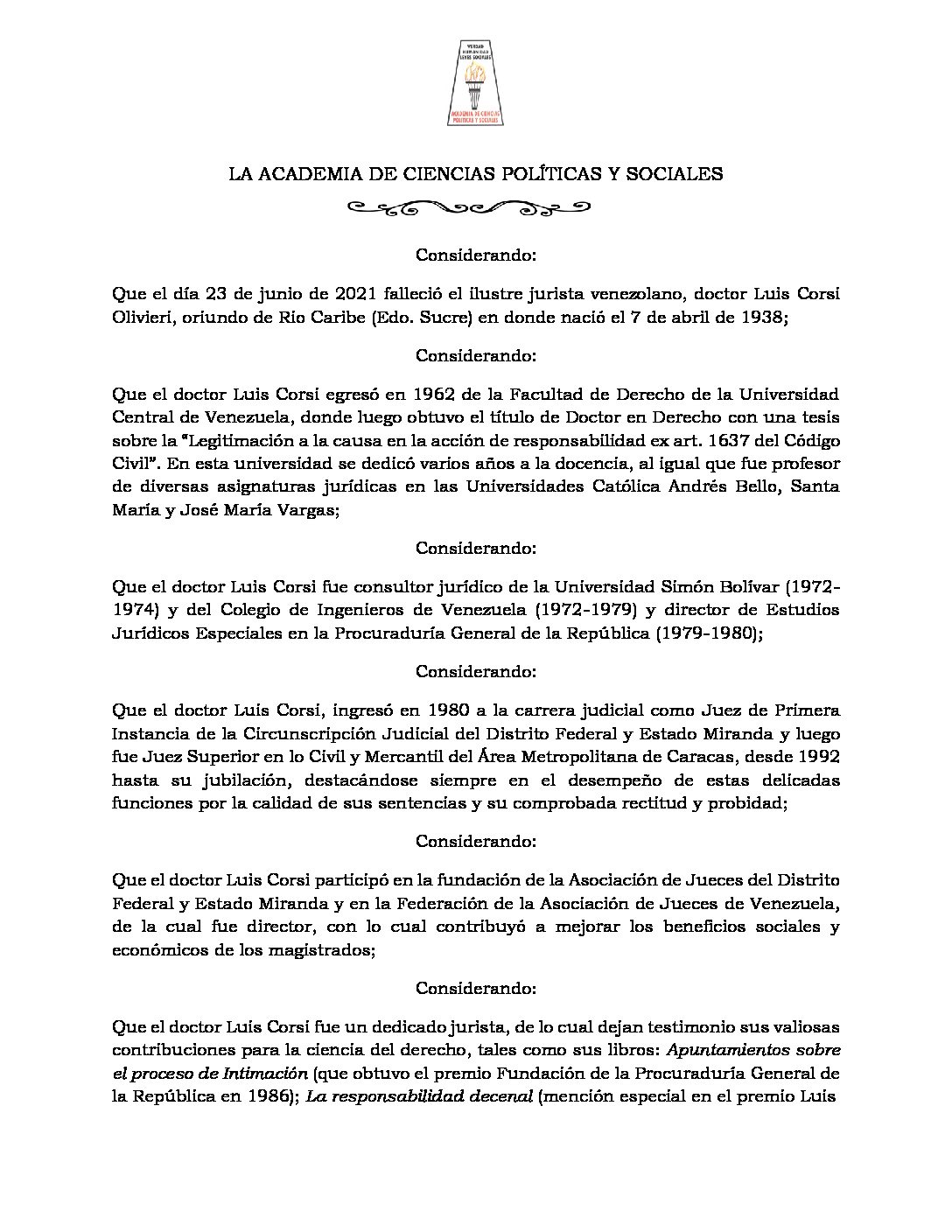 Acuerdo de duelo por el lamentable fallecimiento del doctor Luis Corsi Olivieri