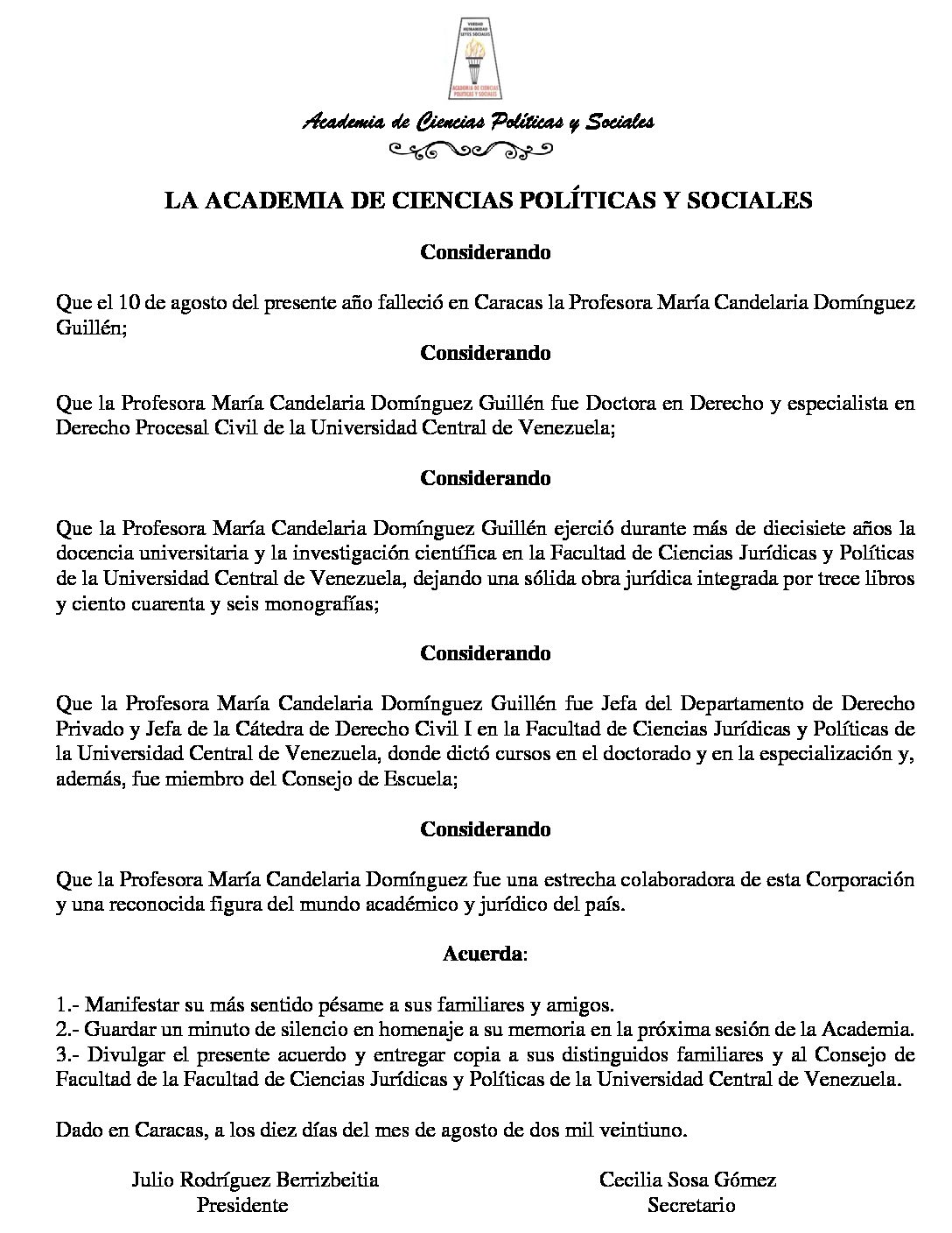 Acuerdo de duelo por el sensible fallecimiento de la Profesora María Candelaria Domínguez Guillén