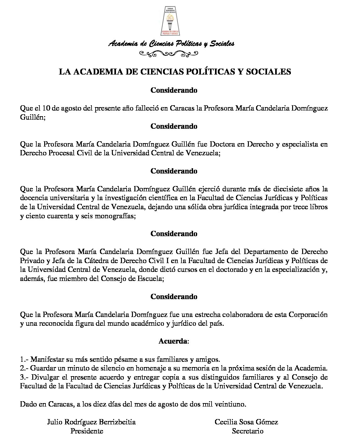Acuerdo de duelo por el sensible fallecimiento de la Profesora María Candelaria Domínguez Guillén