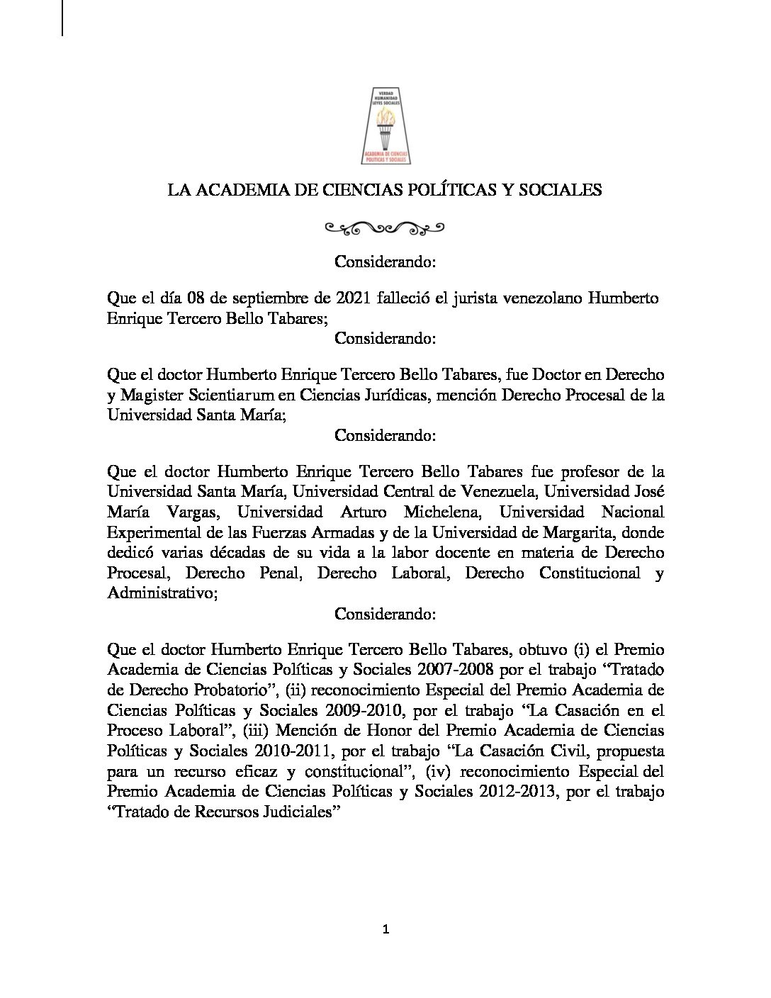 Acuerdo de duelo por el lamentable fallecimiento del doctor Humberto Enrique III Bello Tabares