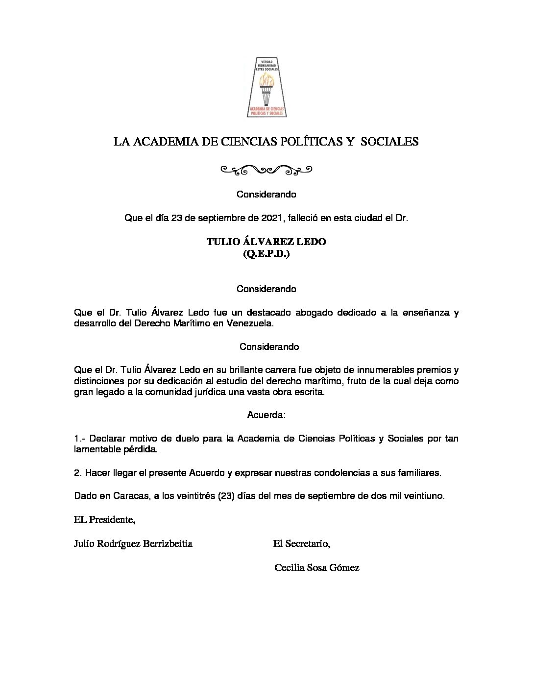 Acuerdo de duelo por el lamentable fallecimiento del Dr. Tulio Álvarez Ledo