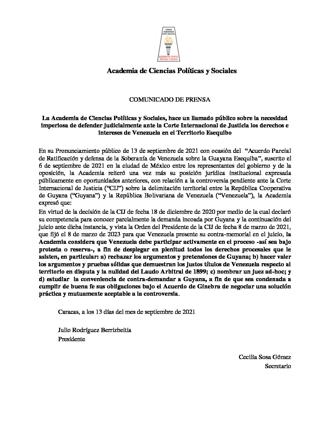 Llamado público de la Academia de Ciencias Políticas y Sociales