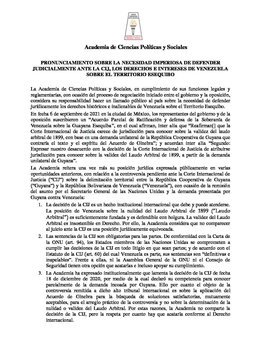 Pronunciamiento sobre la necesidad imperiosa de defender judicialmente ante la CIJ, los derechos e intereses de Venezuela sobre el Territorio Esequibo