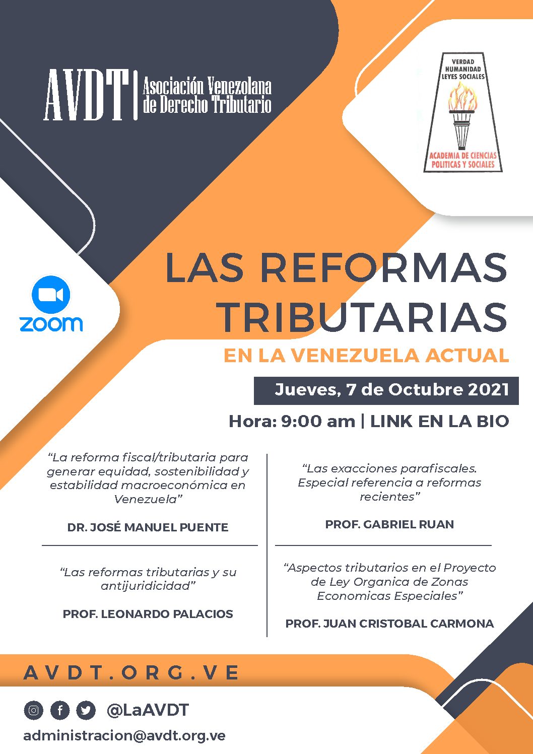 Las reformas tributarias en la Venezuela actual. Jueves, 7 de octubre de 2021. Hora: 9:00 a.m.