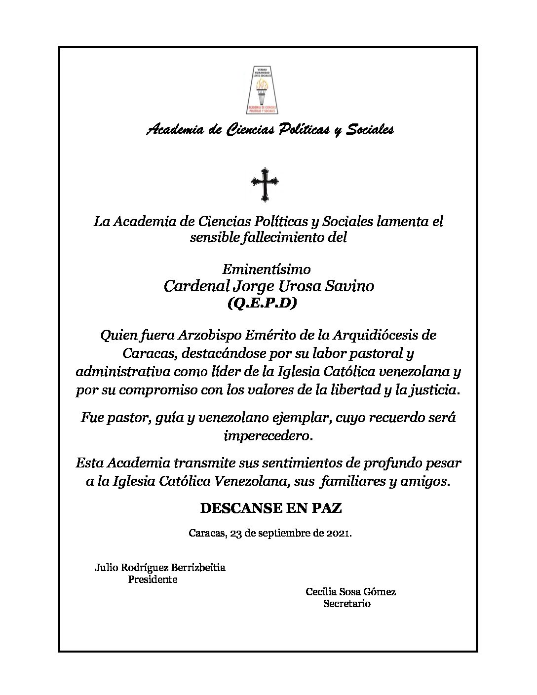 Nota de pesar por el sensible fallecimiento del Eminentísimo Cardenal Jorge Urosa Savino