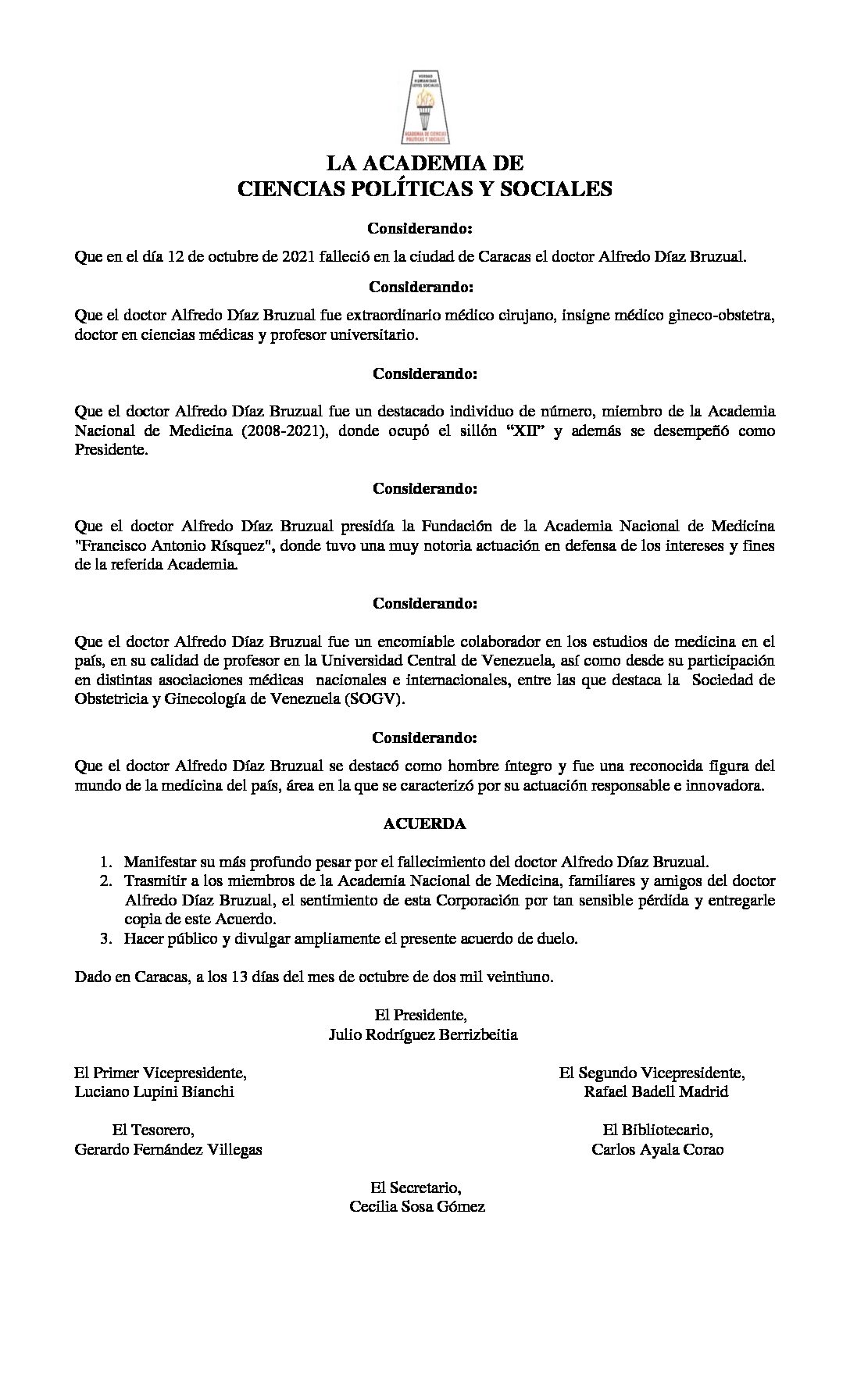 Acuerdo de duelo por el lamentable fallecimiento del Dr. Alfredo Díaz Bruzual