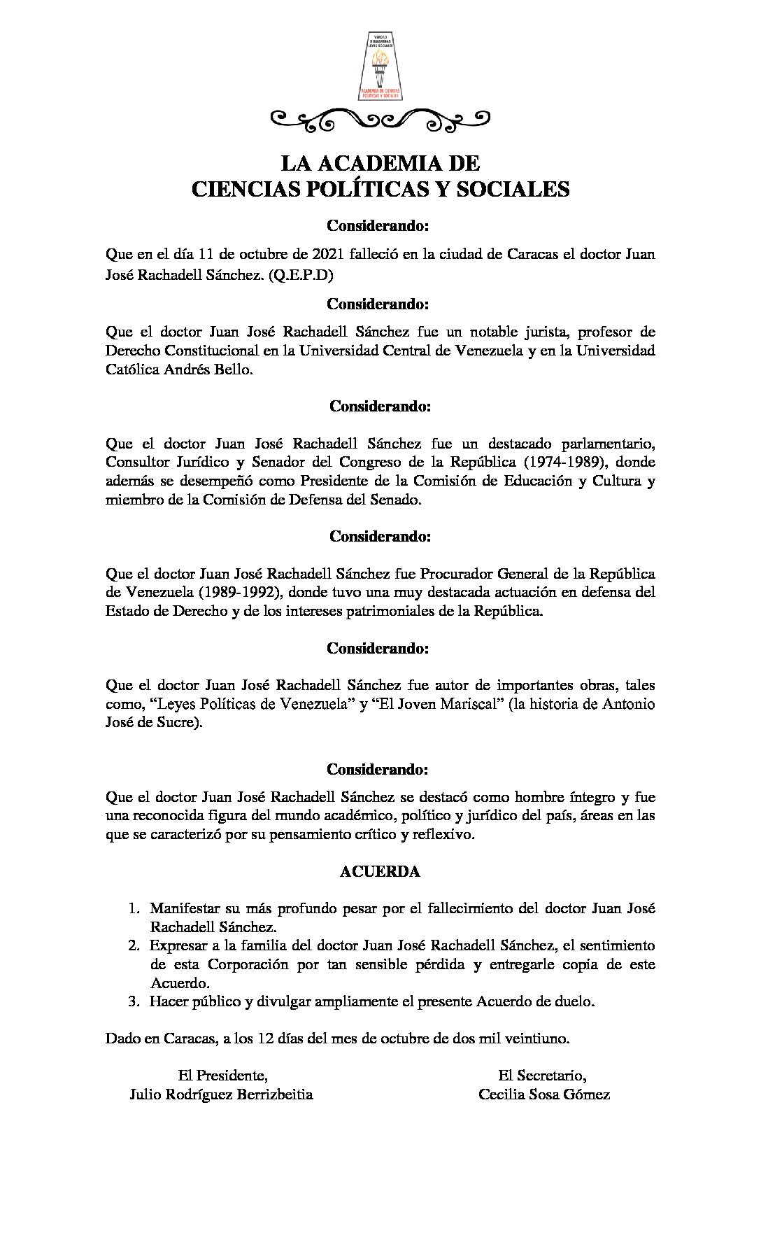 Acuerdo de duelo por el lamentable fallecimiento del Dr. Juan José Rachadell Sánchez