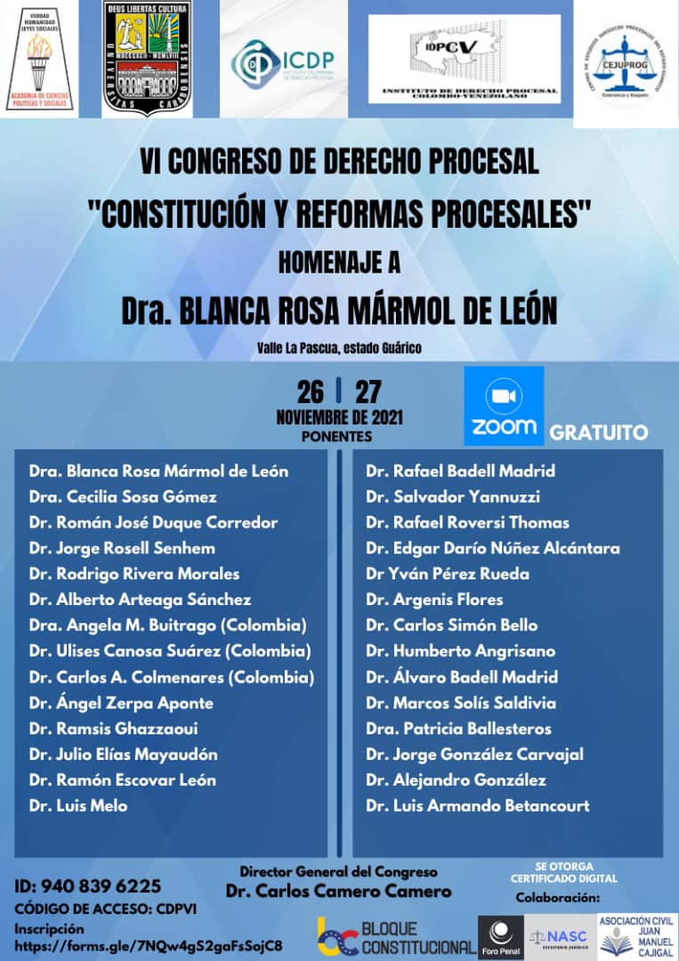 VI Congreso de Derecho Procesal «Constitución y Reformas Procesales». Homenaje a Dra. Blanca Rosa Mármol de León. 26 y 27 de noviembre de 2021