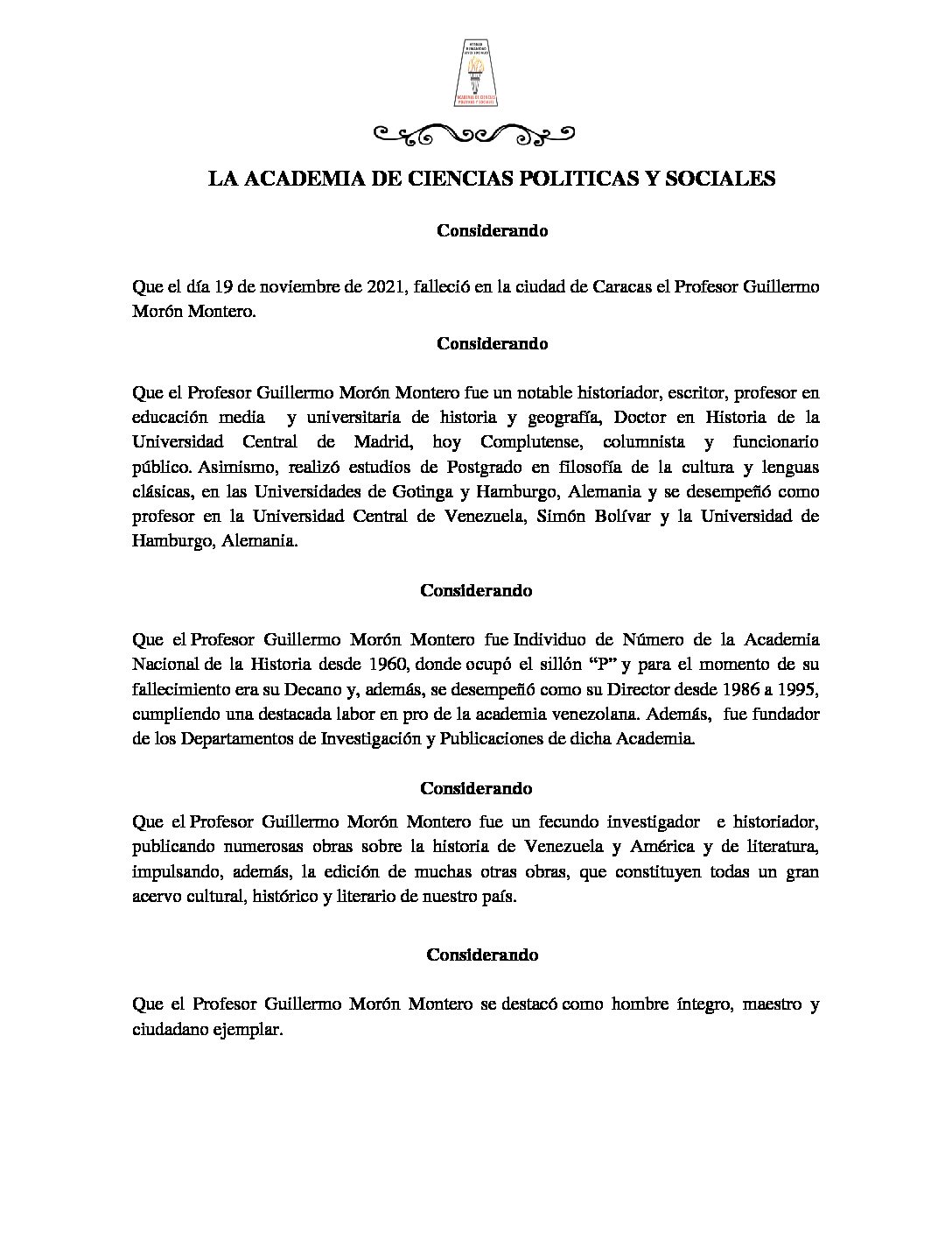 Acuerdo de duelo por el lamentable fallecimiento del Profesor Guillermo Morón Montero