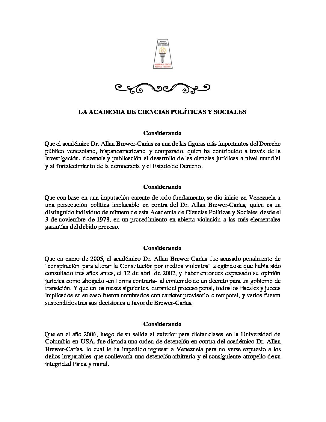 Comunicado de la Academia de Ciencias Políticas y Sociales ante el dictamen de la ONU caso Allan Brewer-Carías