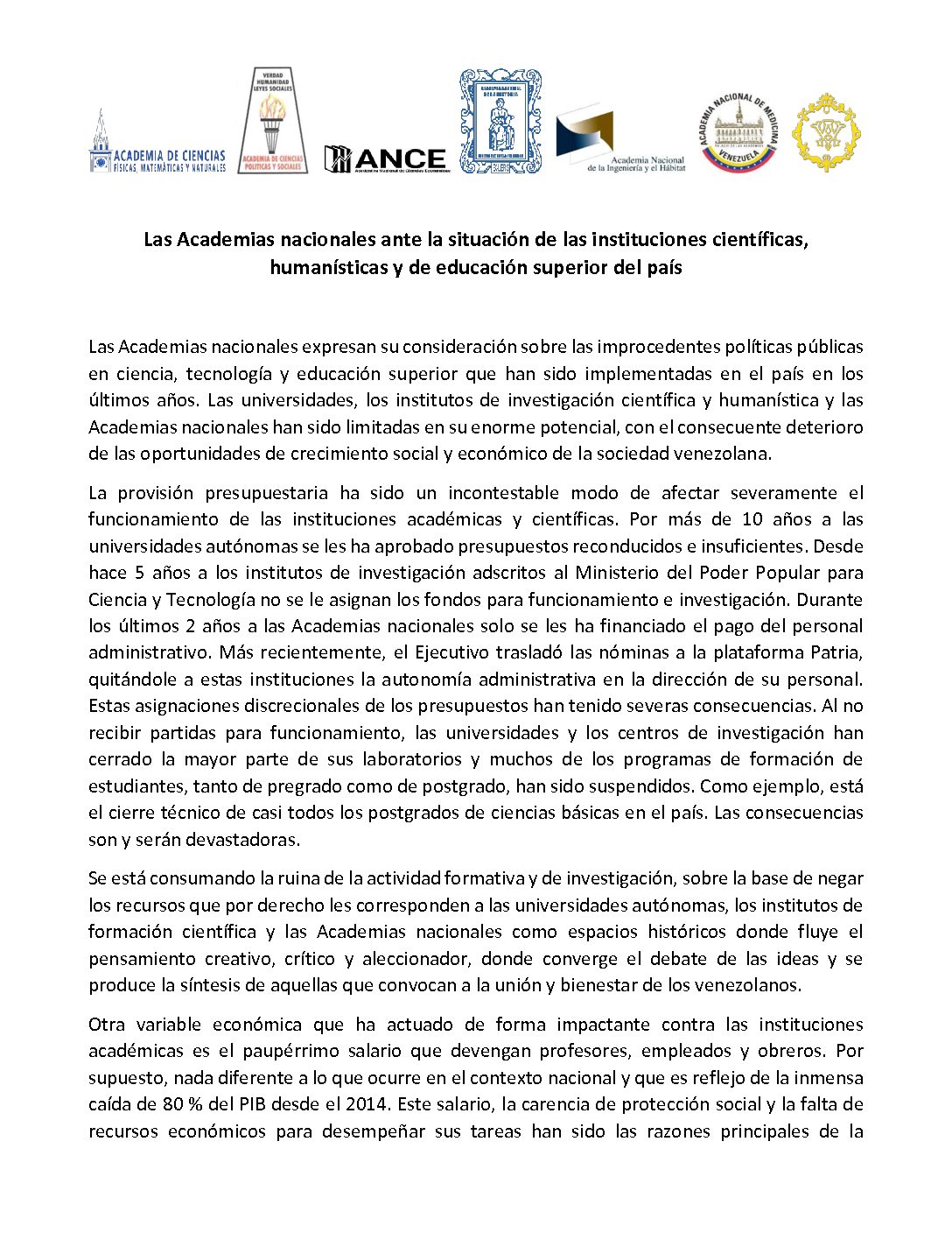 Pronunciamiento de las Academias nacionales ante la situación de las instituciones científicas, humanísticas y de educación superior del país