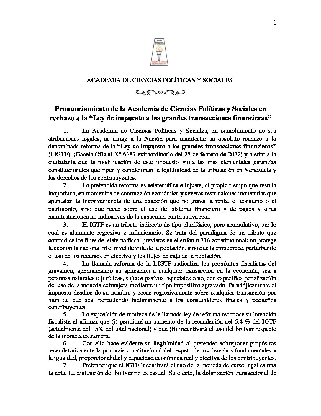 Pronunciamiento de la Academia de Ciencias Políticas y Sociales en rechazo a la “Ley de impuesto a las grandes transacciones financieras”