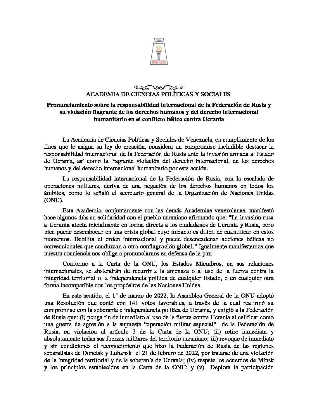 Pronunciamiento sobre la responsabilidad internacional de la Federación de Rusia y su violación flagrante de los derechos humanos y del derecho internacional humanitario en el conflicto bélico contra Ucrania