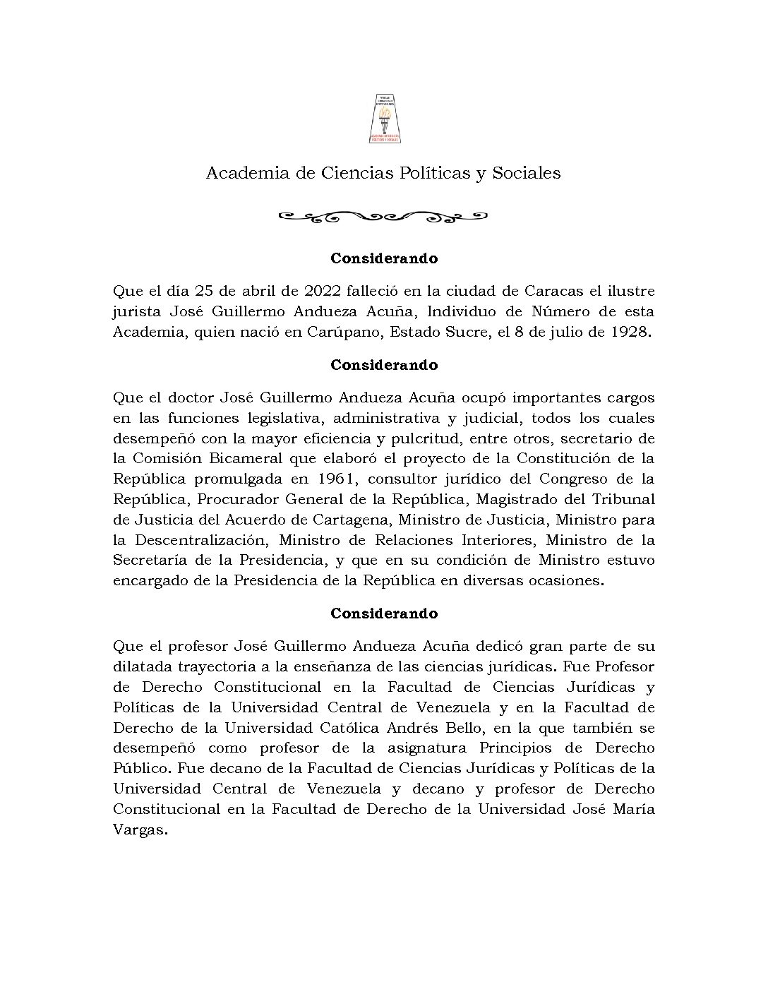 Acuerdo de duelo con ocasión del lamentable fallecimiento del Dr. José Guillermo Andueza Acuña