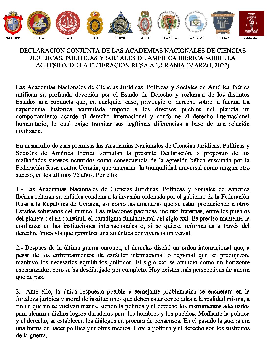 Declaración conjunta de las Academias Nacionales de Ciencias Jurídicas, Políticas y Sociales de América Ibérica sobre la agresión de la Federación Rusa a Ucrania (marzo, 2022)