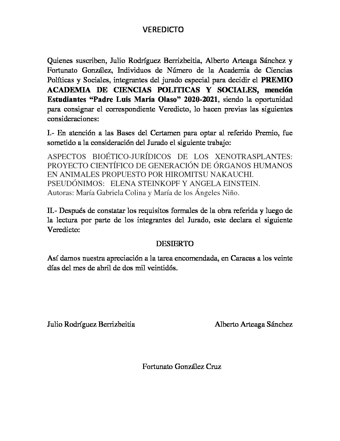 Veredicto Premio Academia de Ciencias Políticas y Sociales, mención Estudiantes “Padre Luis María Olaso” 2020-2021