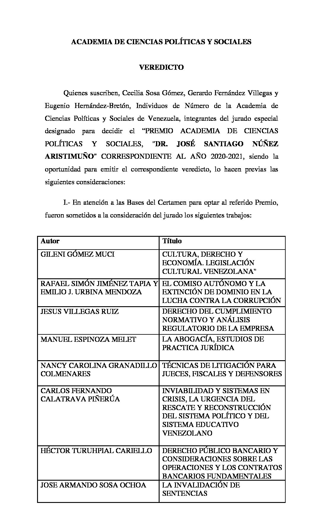 Veredicto Premio Academia de Ciencias Políticas y Sociales, «Dr. José Santiago Núñez Aristimuño» Correspondiente al año 2020-2021