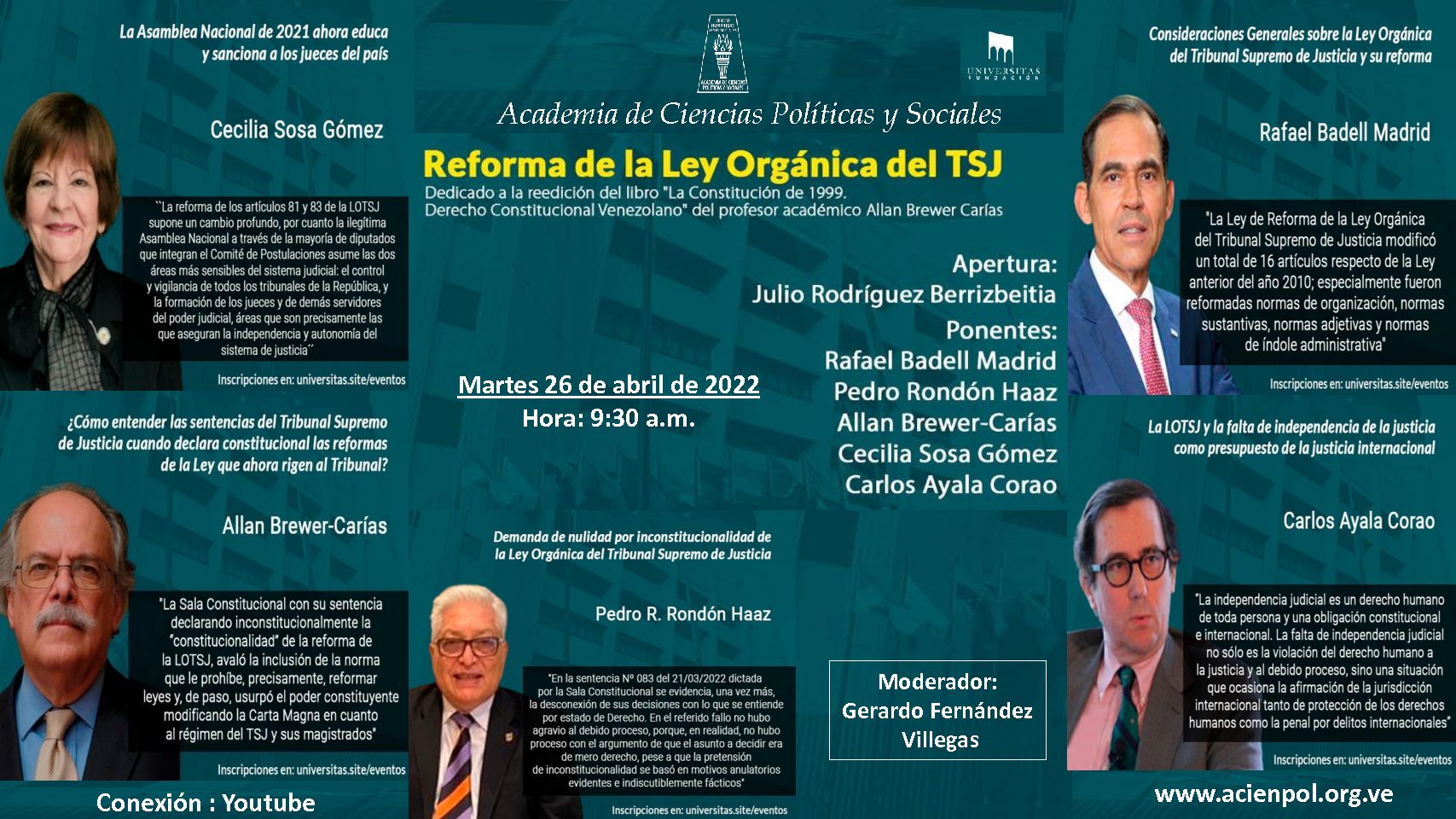 Reforma de la Ley Orgánica del TSJ. Dedicado a la reedición del libro “La Constitución de 1999. Derecho Constitucional Venezolano” del académico Prof. Allan R. Brewer-Carías. Martes, 26 de abril de 2022. Hora: 9:30 a.m. (VE)