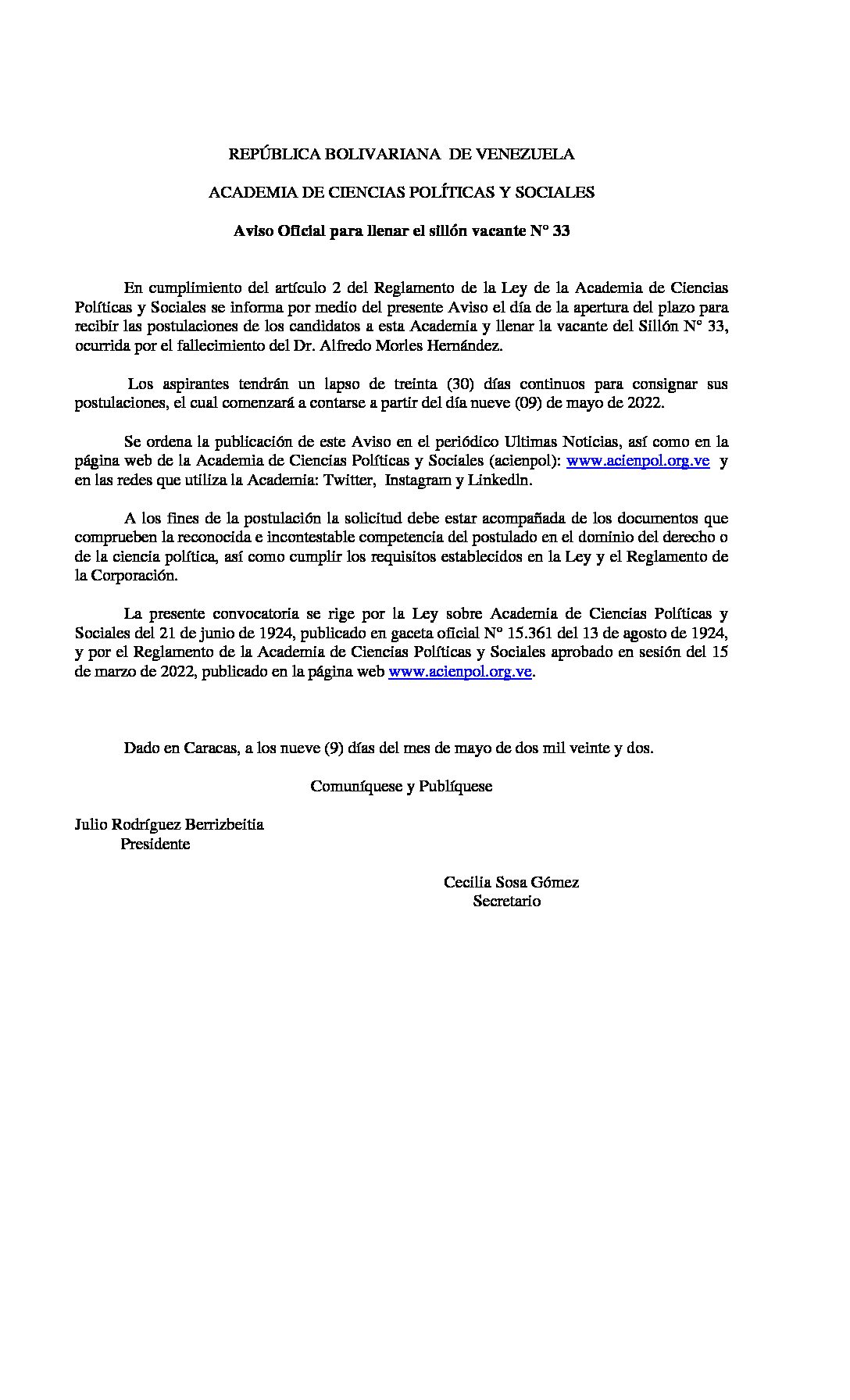 Aviso Oficial para llenar el sillón vacante N° 33