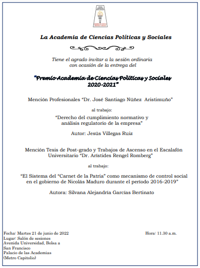 Entrega del Premio Academia de Ciencias Políticas y Sociales 2020-2021. Martes, 21 de junio de 2022. Hora: 11:30 a.m.