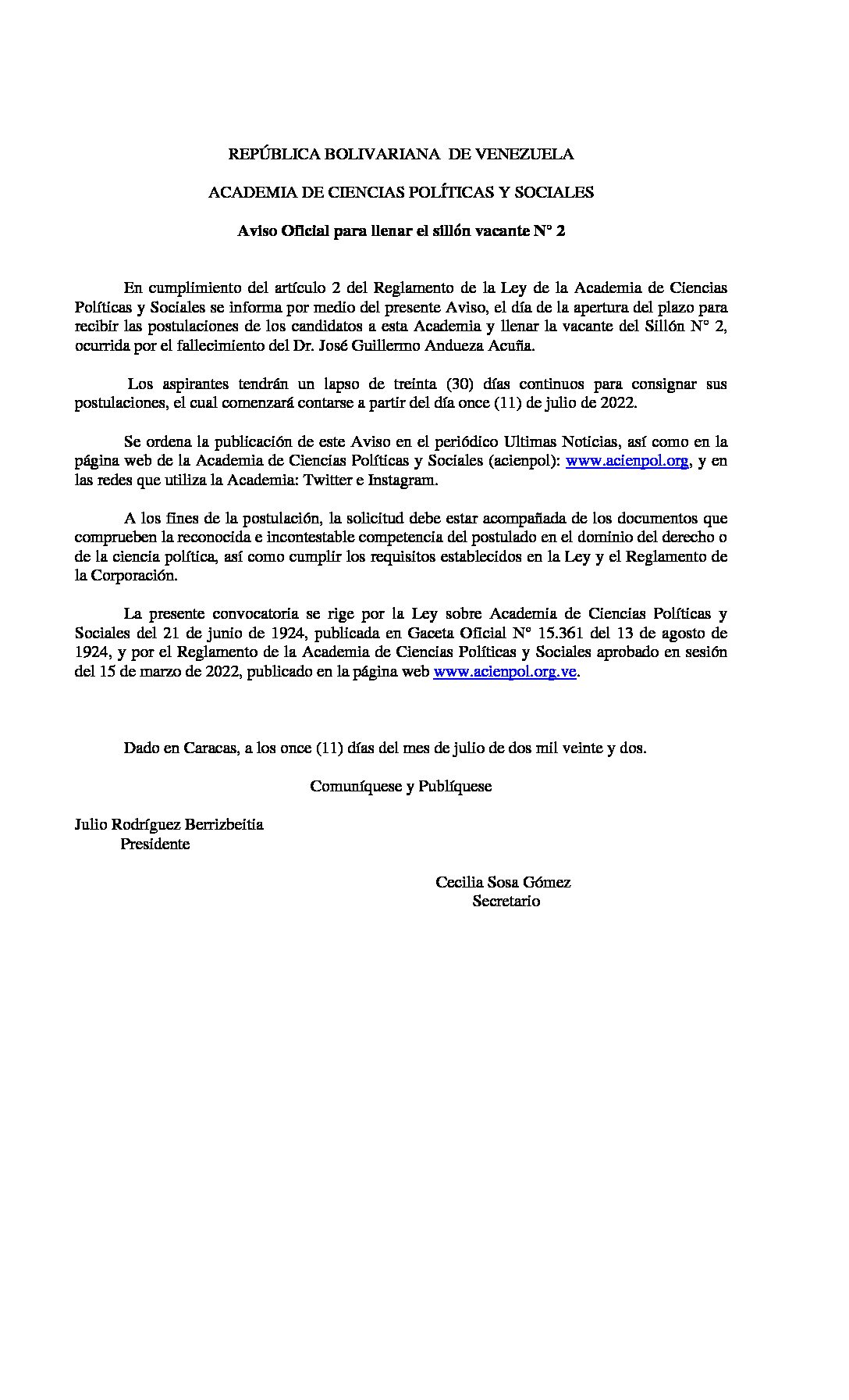 Aviso Oficial para llenar el sillón vacante N° 2