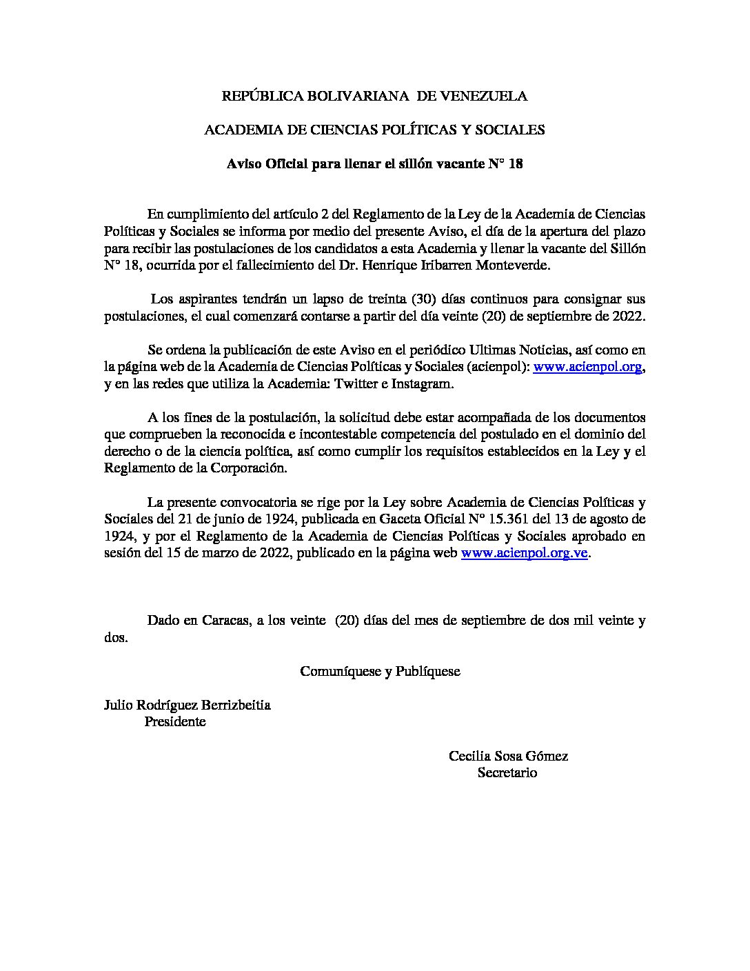 Aviso Oficial para llenar el sillón vacante N° 18